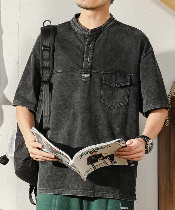 Áo thun tay ngắn cổ trụ cotton vải Jaguar sờn mè phối túi 7 Áo thun tay ngắn cổ trụ cotton vải Jaguar sờn mè phối túi 2