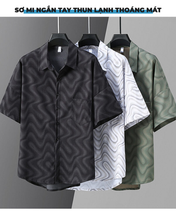 Alternative view of Áo sơ mi tay ngắn họa tiết dòng chảy gợn sóng vải thun băng co giãn