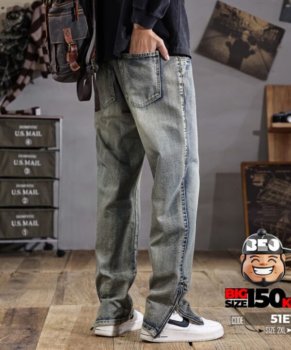 Quần dài jean ống suông form Âu street ống quần dây kéo 7 Quần dài jean ống suông form Âu street ống quần dây kéo 2