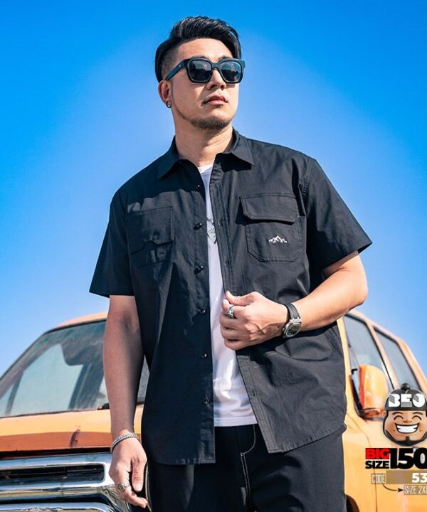 Áo sơ mi tay ngắn cotton phối túi kiểu icon mountain phong cách tối giản