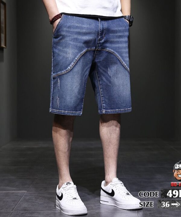 Quần ngắn jean kiểu wax râu mèo phối chỉ nổi V úp