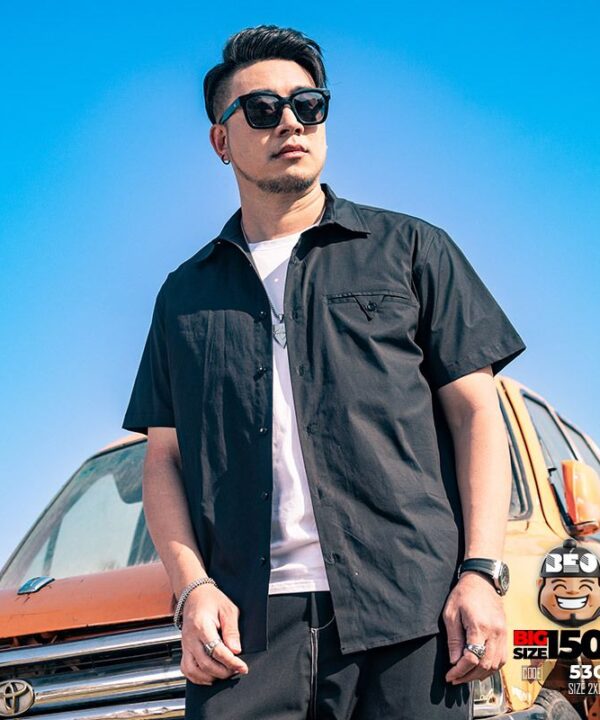 Áo sơ mi tay ngắn cotton kiểu khóa túi phong cách đường phố tối giản