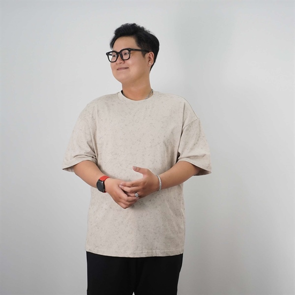 Áo thun tay ngắn cotton thick fabric nhuộm loang khói tay áoraglan phong cách Retro