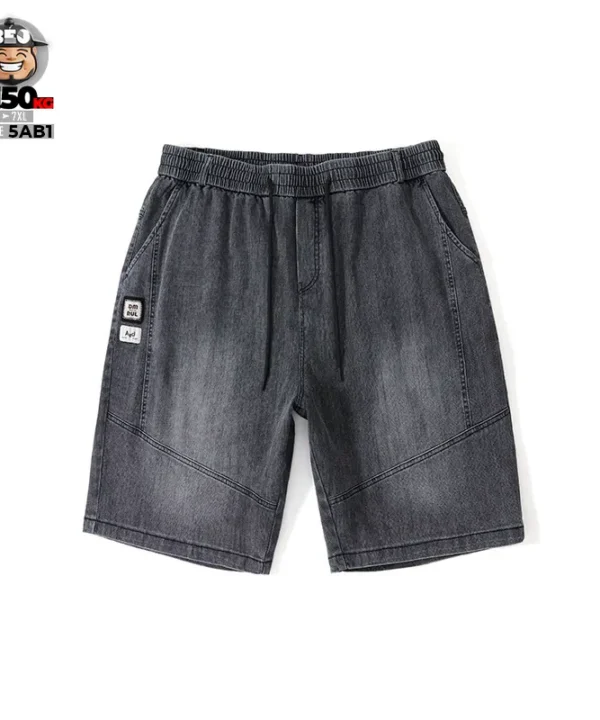 Quần ngắn jean thun chỉ nổi lưng thun phối logo co giãn retro