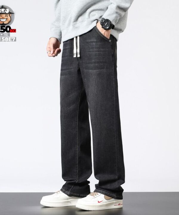Quần dài Jean denim cotton ống rộng lưng kết hợp basic wash style - Ảnh 4