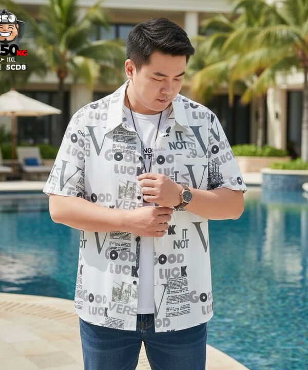 Alternative view of Áo sơ mi tay ngắn vải viscose co giãn nhẹ họa tiết chữ good luck