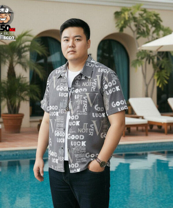 Áo sơ mi tay ngắn vải viscose co giãn nhẹ họa tiết chữ good luck