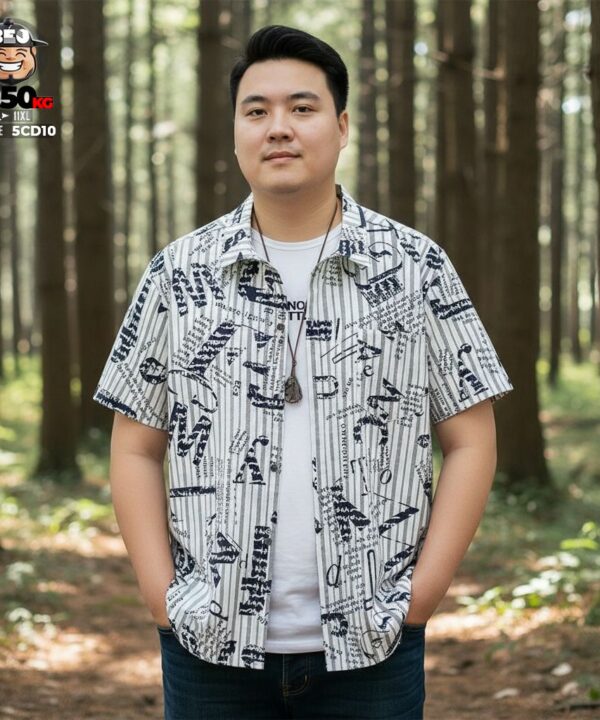 Áo sơ mi tay ngắn họa tiết sọc phối chữ vải cotton co giãn 9 Áo sơ mi tay ngắn họa tiết sọc phối chữ vải cotton co giãn 4