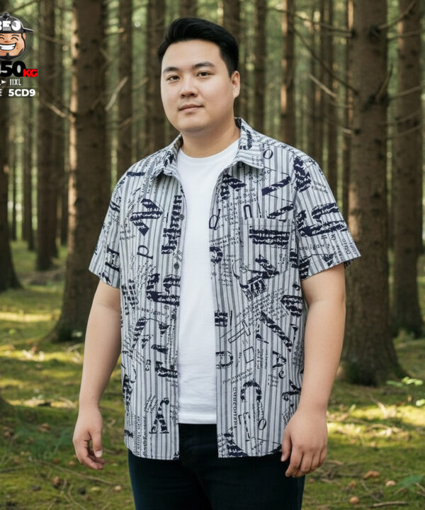 Áo sơ mi tay ngắn họa tiết sọc phối chữ vải cotton co giãn