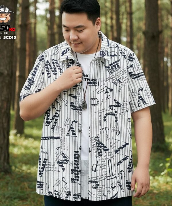 Alternative view of Áo sơ mi tay ngắn họa tiết sọc phối chữ vải cotton co giãn