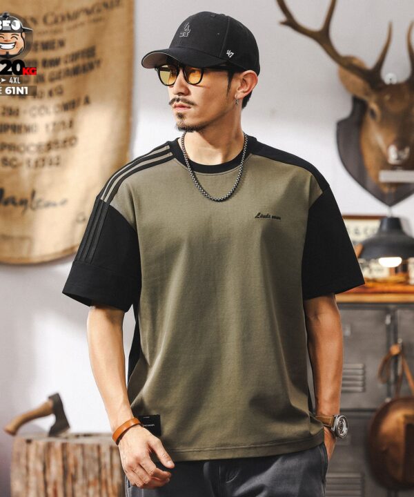 Áo thun tay ngắn cotton ráp phối 3 sọc cách điệu thêu sign