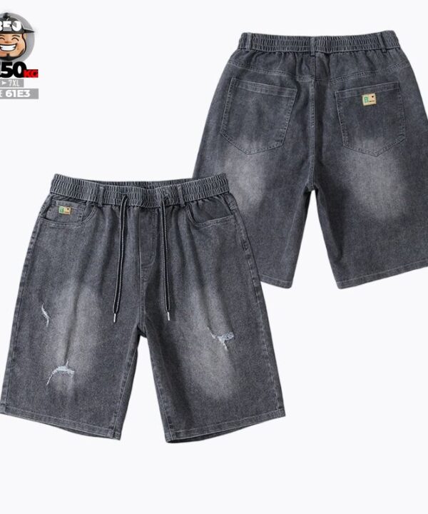 Quần ngắn jean lưng thun cotton co giãn tạo rách wax khói đùi retro style 4