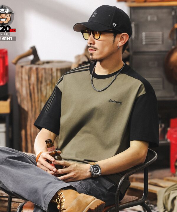 Áo thun tay ngắn cotton ráp phối 3 sọc cách điệu thêu sign 3