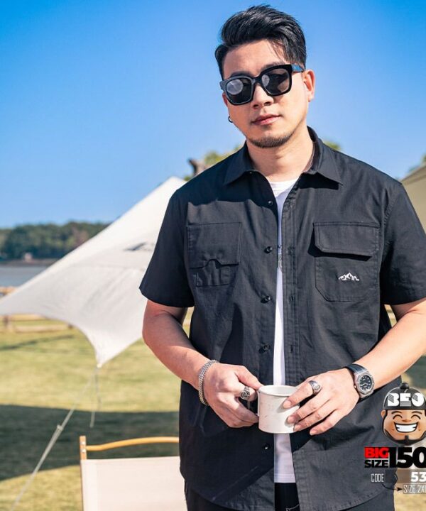 Áo sơ mi tay ngắn cotton phối túi kiểu icon mountain phong cách tối giản 2