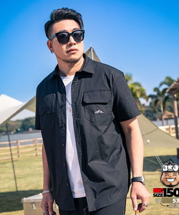 Áo sơ mi tay ngắn cotton phối túi kiểu icon mountain phong cách tối giản 3