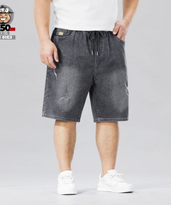 Quần ngắn jean lưng thun cotton co giãn tạo rách wax khói đùi retro style