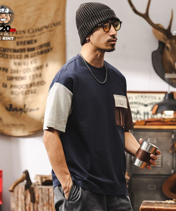 Áo thun tay ngắn cotton vải ráp phối túi họp phong cách 4