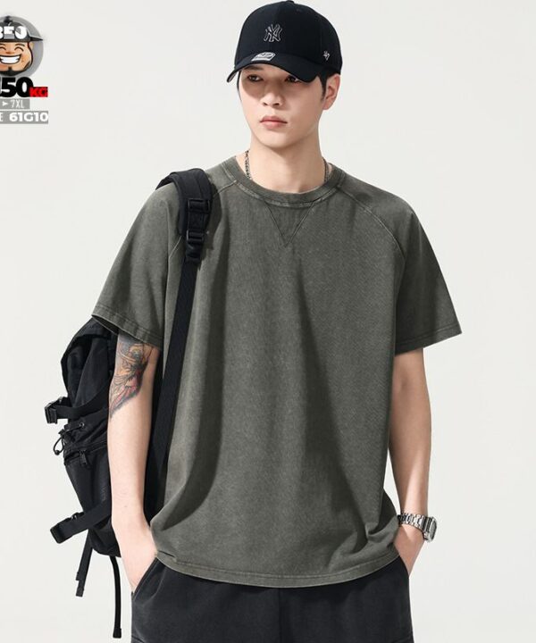 Áo thun tay ngắn wash retro cổ chỉ nổi old style