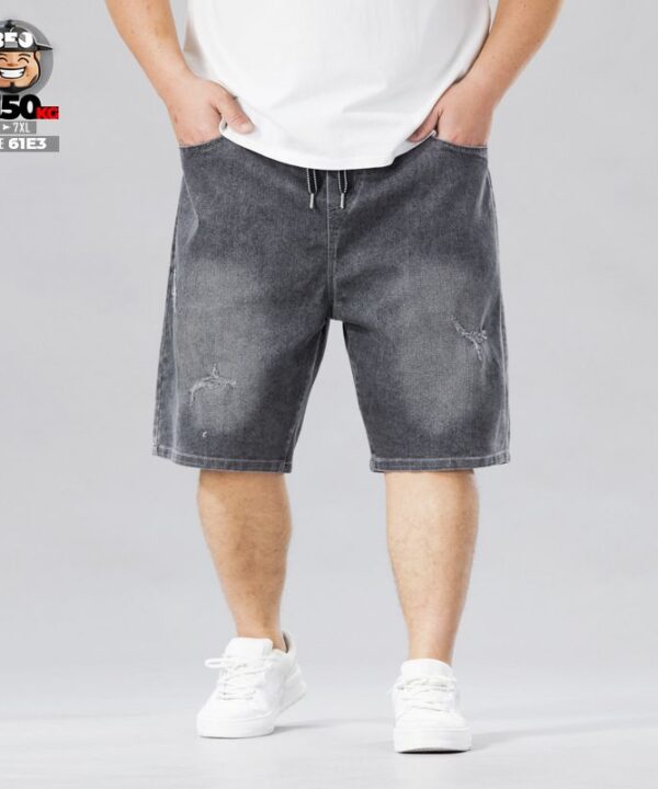 Quần ngắn jean lưng thun cotton co giãn tạo rách wax khói đùi retro style 2