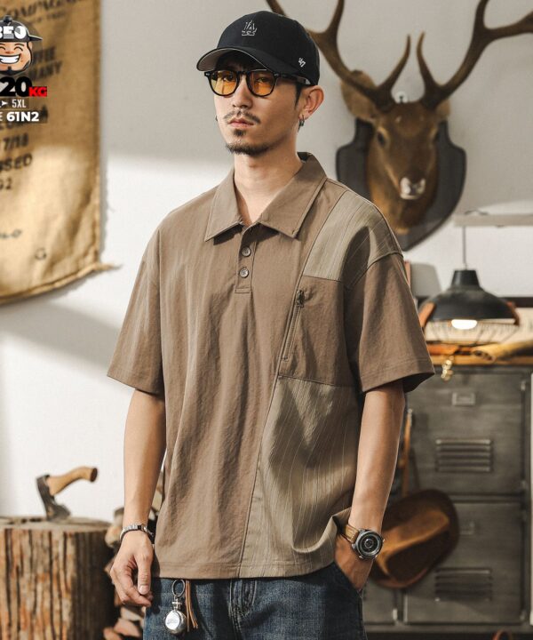 Áo thun tay ngắn Polo họa tiết chỉ nổi ráp phối túi khóa cá tính 4