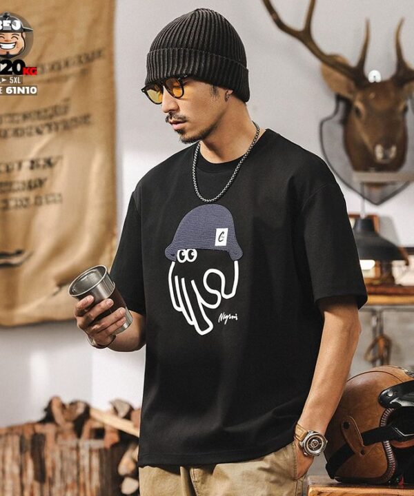 Áo thun tay ngắn cách điệu con bạch tuột hand đeo nón cá tính 2