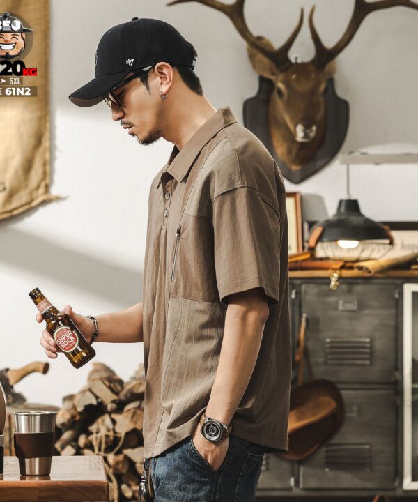 Áo thun tay ngắn Polo họa tiết chỉ nổi ráp phối túi khóa cá tính 2