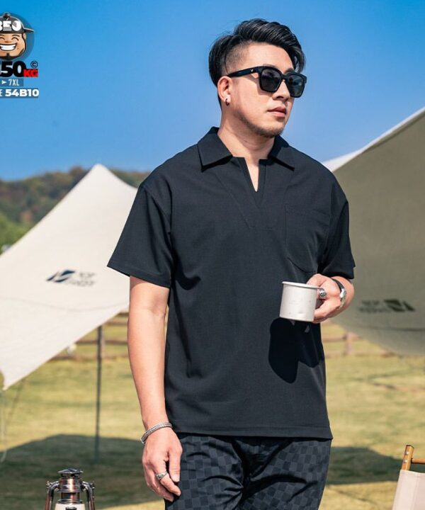 Áo thun tay ngắn Polo cotton cổ hỡ V style phối túi tide band 2