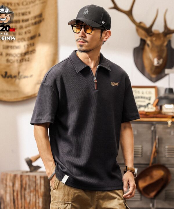 Áo thun tay ngắn Polo vải jacquards phối dây kéo kiểu fashion