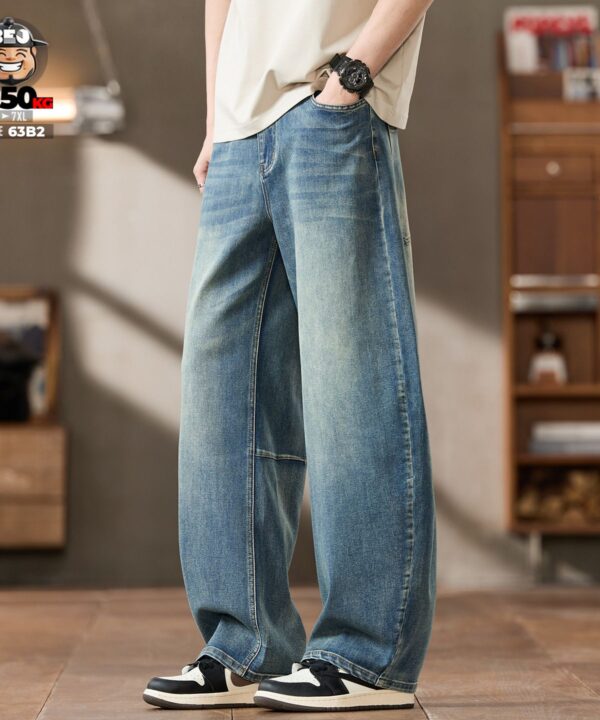 Quần dài jean wash retro form cong ống rộng suông co giãn 2