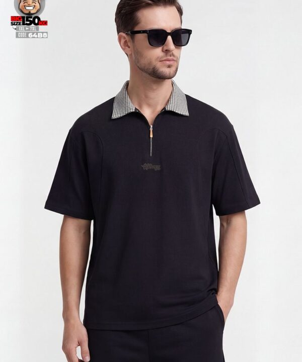 Áo thun Polo khóa kéo phối caro form rộng American style 3