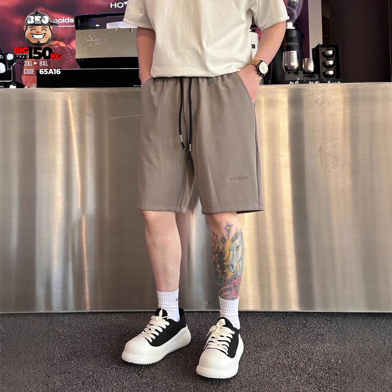 Quần short thun suông màu logo thêu co giãn nhẹ form rộng big size 1 Quần short thun suông màu logo thêu co giãn nhẹ form rộng big size