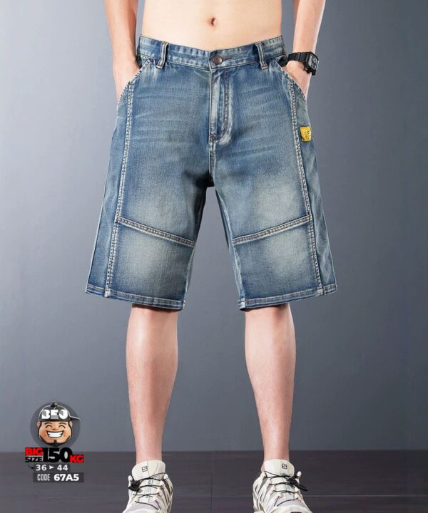 Quần short jean thun ghép khối mix logo phong cách retro 7 Quần short jean thun ghép khối mix logo phong cách retro 2