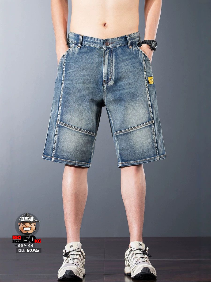 Quần short jean thun ghép khối mix logo phong cách retro 3 Quần short jean thun ghép khối mix logo phong cách retro - Ảnh 3