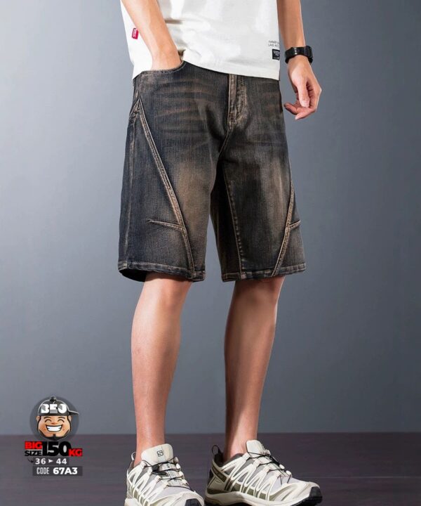 Alternative view of Quần short jean thun ghép nối xéo quần co giãn cá tính wax khói