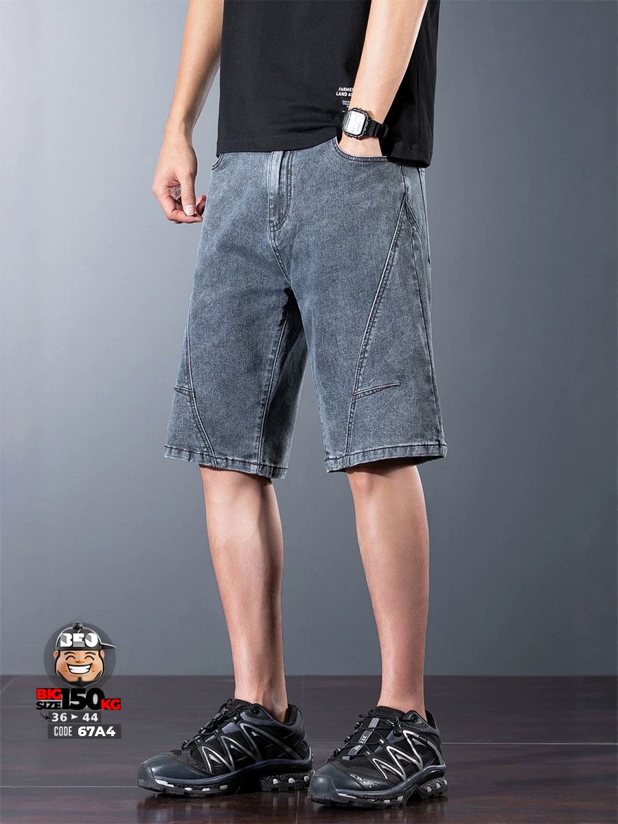 Quần short jean thun ghép nối xéo quần wax tiêu retro 1 Quần short jean thun ghép nối xéo quần wax tiêu retro
