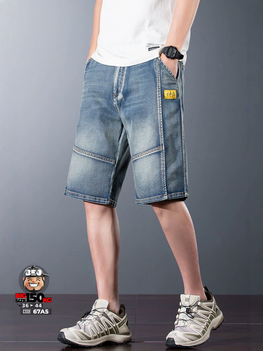 Quần short jean thun ghép khối mix logo phong cách retro 2 Quần short jean thun ghép khối mix logo phong cách retro - Ảnh 2