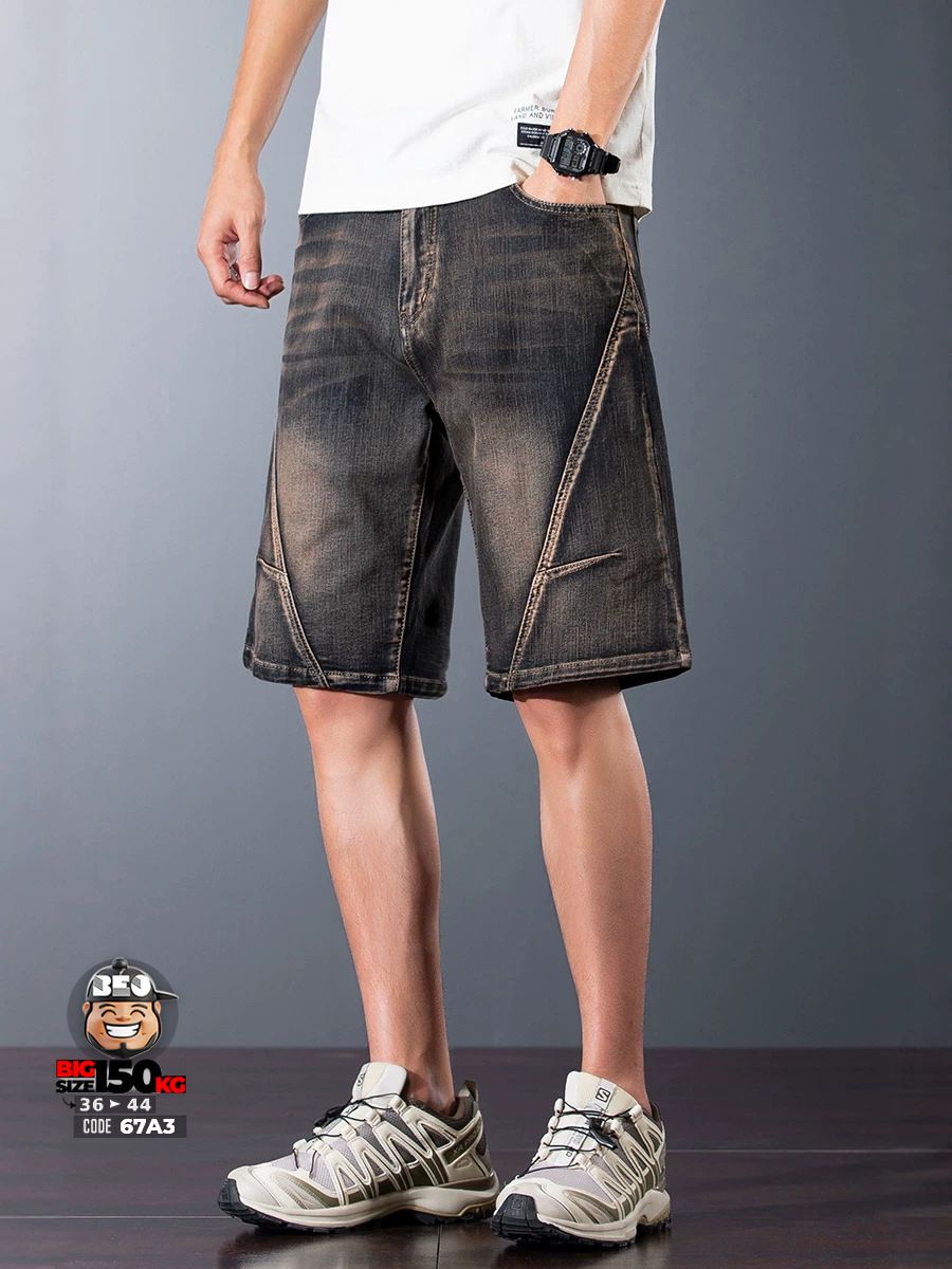 Quần short jean thun ghép nối xéo quần co giãn cá tính wax khói 1 Quần short jean thun ghép nối xéo quần co giãn cá tính wax khói