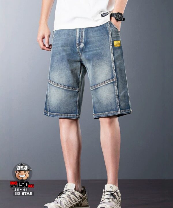 Quần short jean thun ghép khối mix logo phong cách retro