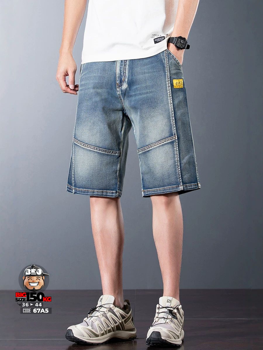 Quần short jean thun ghép khối mix logo phong cách retro 1 Quần short jean thun ghép khối mix logo phong cách retro