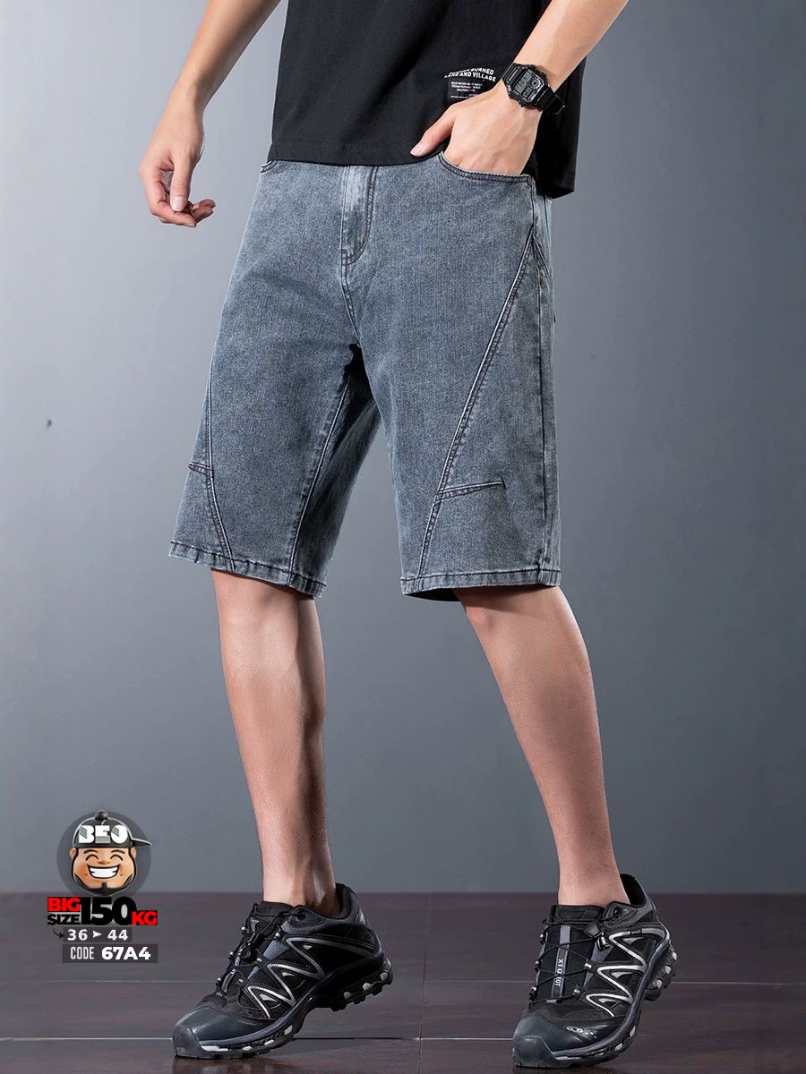 Quần short jean thun ghép nối xéo quần wax tiêu retro 2 Quần short jean thun ghép nối xéo quần wax tiêu retro - Ảnh 2