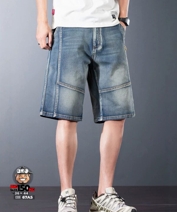 Quần short jean thun ghép khối mix logo phong cách retro 8 Quần short jean thun ghép khối mix logo phong cách retro 3