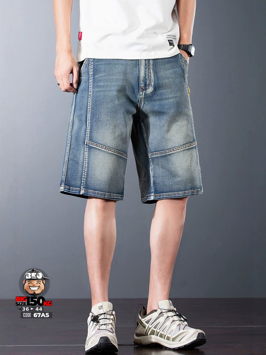 Quần short jean thun ghép khối mix logo phong cách retro 4 Quần short jean thun ghép khối mix logo phong cách retro - Ảnh 4