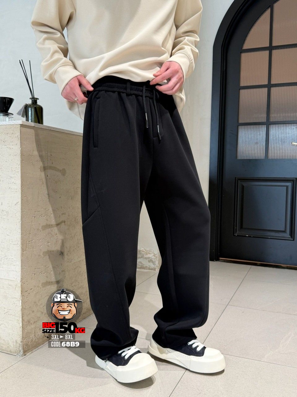 Quần dài jogger thun chỉ mãng ghép ống rộng xéo gối tibe band style 2 Quần dài jogger thun chỉ mãng ghép ống rộng xéo gối tibe band style - Ảnh 2
