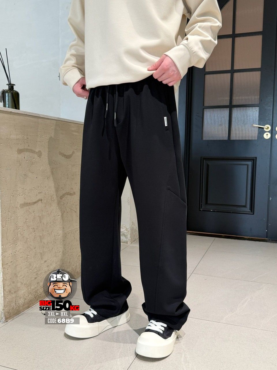 Quần dài jogger thun chỉ mãng ghép ống rộng xéo gối tibe band style 5 Quần dài jogger thun chỉ mãng ghép ống rộng xéo gối tibe band style - Ảnh 5