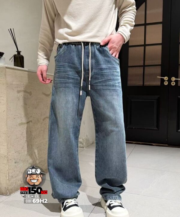 Quần dài jean ống rộng lưng thun wax cat bread streetwear - Ảnh 3