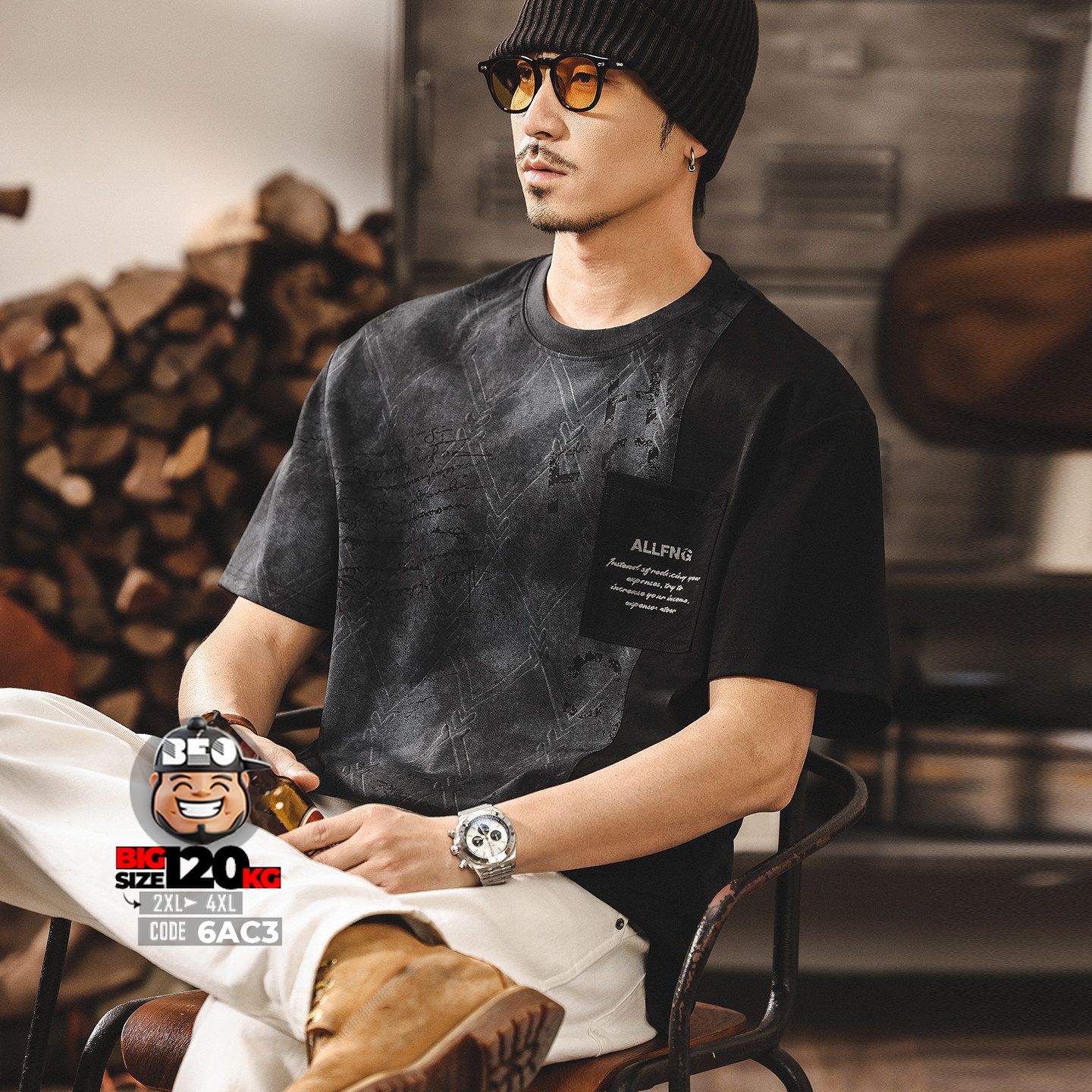 Áo thun tay ngắn texture fabric vải ráp AllfnG phối túi 1 Áo thun tay ngắn texture fabric vải ráp AllfnG phối túi